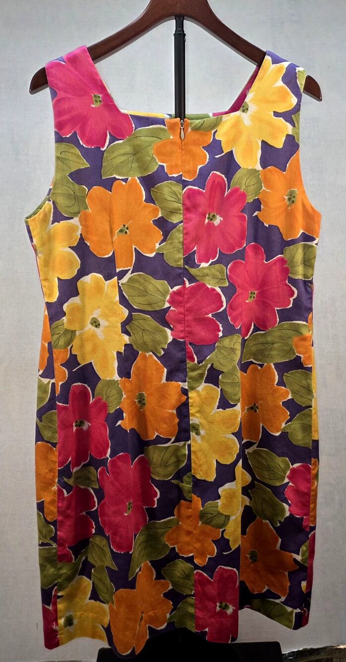 VTG J Peterman Floral Shift‎ Dress 14 Cotton Purple Pink Yellow Mod Sleeveless